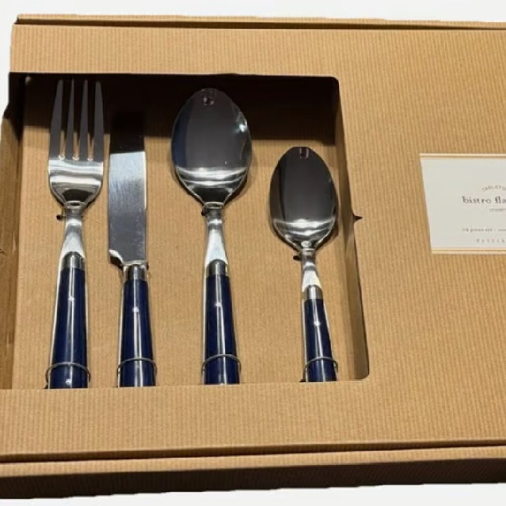 NEW BLUE Pottery Barn Bistro Flatware 12PCS Silverware | Knife Fork Spoon Svc